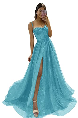 Frauen Glitzer Tüll 3D Applikationen Ballkleider 2023 Lange Spaghettiträger Formelles Abendkleid Eine Linie Hohe Schlitz Hochzeitsfeier Kleider Plus Size von Generic