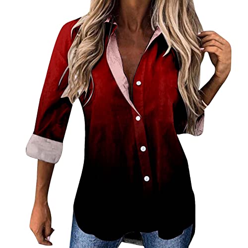 Frauen-Hemd-Langarm-Hemd Bunte Farbverlauf-Druck-Langarm-Hemd-Knopf-Oberseiten-Bluse Umstandsmode (Red, XXL) von Generic