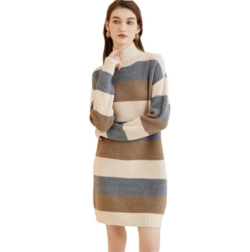Frauen Herbst Winter Pullover Kleid Streifen Roll Kragen 100% Merinowolle Warme Strick Pullover Langarm Pullover Kleider Tan M von Generic