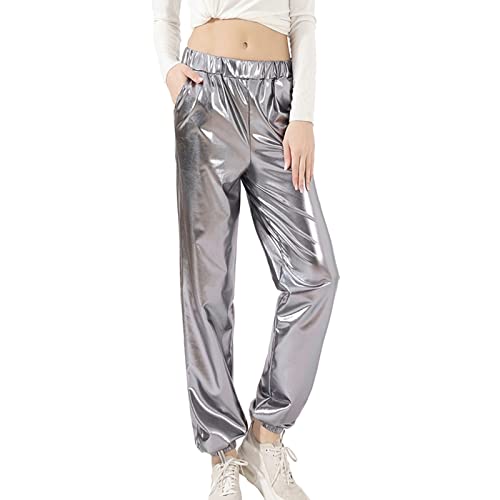 Frauen Hohe Taille Metallic Shiny Hip-Hop Jogginghose Jogger Holographische Farbe Streetwear Hosen Metallic Hosen Shiny Hologram Laser Lose Hosen (Grau, XL) von Generic