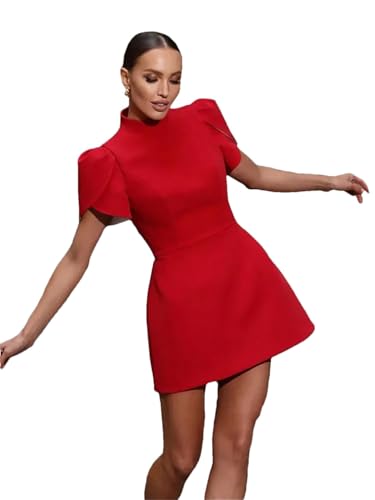Frauen Hohl Bogen Rot Mini Kleid Für Kurzarm Pad Schulter Kleider Chic Elegante Weibliche Abend Vestidos Red L von Generic