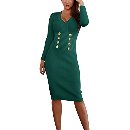 Frauen Jerseykleid Slim-Fit Eleganter Partykleid V-Ausschnitt Langarm Knielang Mit Mock Button Jumperkleid Slim-Fit Bleistiftkleid Frauen Mode Strickkleid Sweater Kleider Wickelkleid von Generic