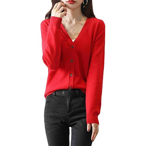 Frauen Kaschmir Strickjacke Damen Langarm Strick Kaschmir Cardigan Pullover, rot, L von Generic