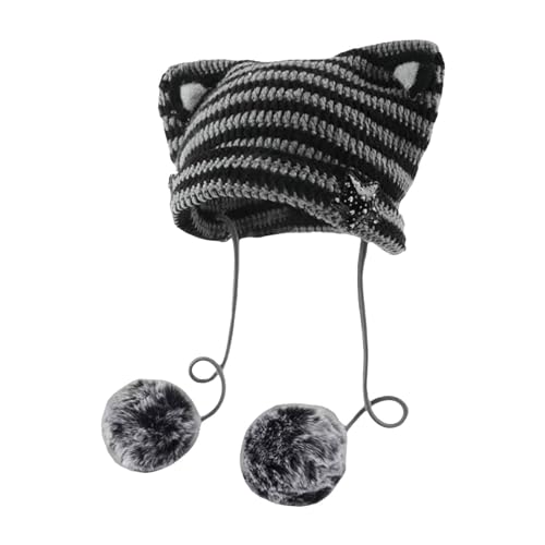 Frauen Katze Ohr Hut mit Pom Poms Stern Zubehör Goth Crochet Strick Slouchy Skully Caps Alt Kleidung Fuzzy Hut mit, dunkelgrau, Einheitsgröße von Generic