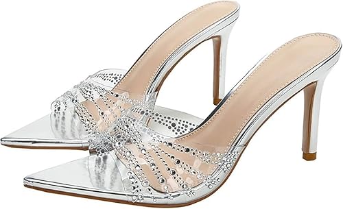 Frauen Klare Gespannte Offene Zehe Stiletto Absatz Slip-On Transparente Sexy Kleid Hohe Absätze Mules Bridal Party Slipper(Silver,38) von Generic