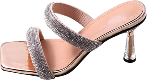 Frauen Klare Strass Chunky High Heels Sandalen Quadrat Offene Zehe Zwei Strap Rückenlose Rutsch Auf Strand Flip Flops(Gold,42) von Generic
