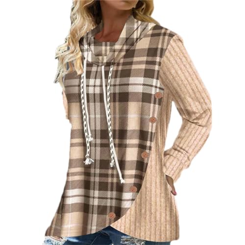Frauen Kordelzug Patchwork Sweatshirt Herbst Winter Rollkragen Plaid Strick Langarm Pullover Weibliche Tops, 01 apricot, 42 von Generic