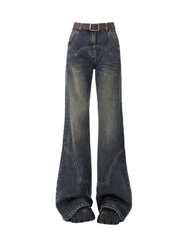 Frauen Koreanische Vintage Streetwear Low Rise Denim Hosen Bell-Bottom Flare Jeans Dünne Lange Hosen Harajuku Mode-Blau-L von Generic
