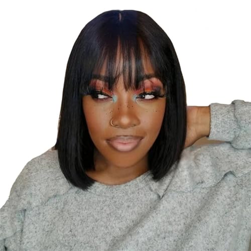 Frauen Kurze Perücke Gerade Echthaar Perücken Mit Pony Gefälschte Kopfhaut Perücke von Generic