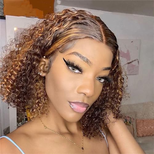 Frauen Kurze Perücke Spitze Vorne Lockige Echthaar Perücken Für Frauen Honig Blonde 13X4 Tiefe Welle Spitze Frontal Perücke von Generic