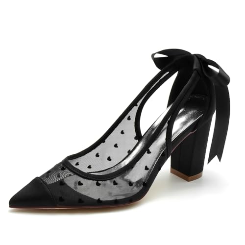 Frauen Lace Mesh Pointed Ribbon Tie Strap High Heels Geschlossene Toe Braut Sandalen Block Chunky Toe Ferse Brautkleid Schuhe,Schwarz,40 EU von Generic