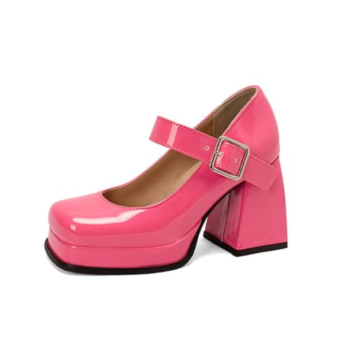 Frauen Lackleder Mary Janes Chunky Plateau Absatz Hochzeit Party Pumps Knöchelriemen Büroschuhe 9Cm,Rosa,40 EU von Generic