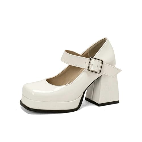 Frauen Lackleder Mary Janes Chunky Plateau Absatz Hochzeit Party Pumps Knöchelriemen Büroschuhe 9Cm,Weiß,36 EU von Generic