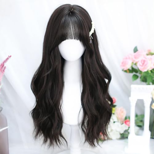 Frauen Lange Gewellte Perücken Lolita Lockige Perücke Mit Pony Hitzebeständig Synthetisches Haar Perücke Für Tägliche Party (Black) von Generic