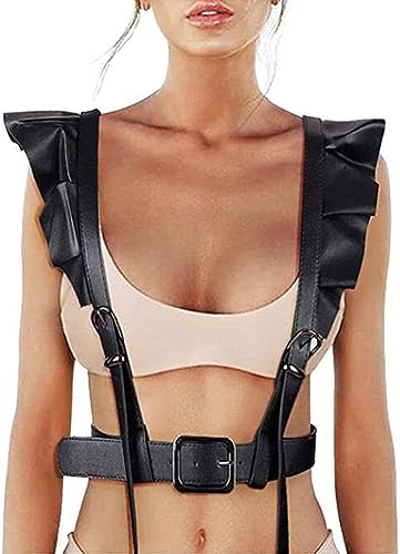 Frauen Leder Body Harness Gürtel Käfig BH Rüschen Verstellbare Schnalle Riemen Punk Taille Hosenträger Rave Club Halloween Party Xmas, Schwarz, Einheitsgröße von Generic