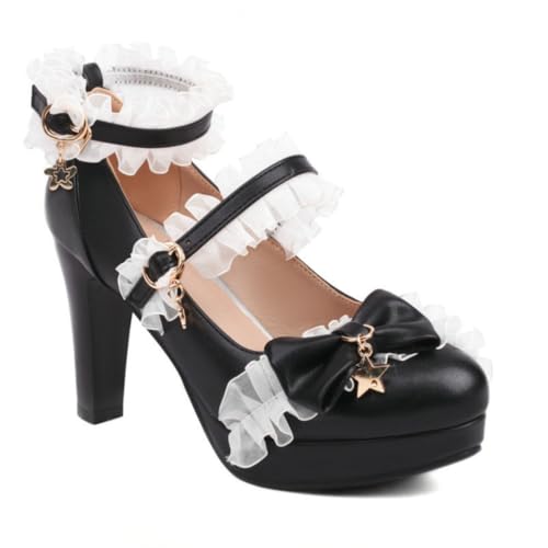 Frauen Lolita High - Heel Pumps Chunky Heel & Platform Party Schuhe Süße Knöchelriemen Heels,Schwarz,43 EU von Generic