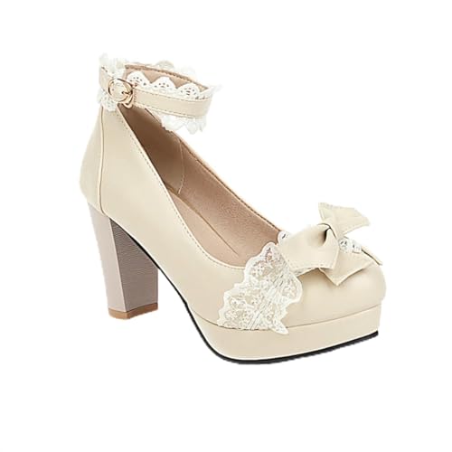 Frauen Lolita Runde Zehen Pumps Spitze Knöchelriemen Chunky Block Heels Schleife Plateau Party Kleid Schuhe,Beige,39 EU von Generic