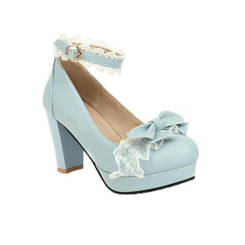 Frauen Lolita Runde Zehen Pumps Spitze Knöchelriemen Chunky Block Heels Schleife Plateau Party Kleid Schuhe,Blau,37 EU von Generic