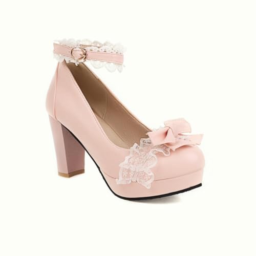 Frauen Lolita Runde Zehen Pumps Spitze Knöchelriemen Chunky Block Heels Schleife Plateau Party Kleid Schuhe,Rosa,38 EU von Generic