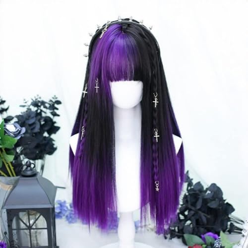 Frauen Mädchen Goth Style Lange Gerade Farbverlauf Farbe Cosplay Lolita Perücke Hitzebeständig Synthetisches Haar Mit Pony Für Party Halloween (Lila) von Generic