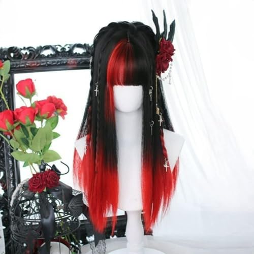 Frauen Mädchen Goth Style Lange Gerade Farbverlauf Farbe Cosplay Lolita Perücke Hitzebeständig Synthetisches Haar Mit Pony Für Party Halloween (Red) von Generic