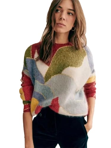 Frauen Mehrfarbige Oansatz Gestrickte Pullover Für Pailletten Langarm Pullover Weibliche Lose Pullover Streetwear Multicolor M von Generic