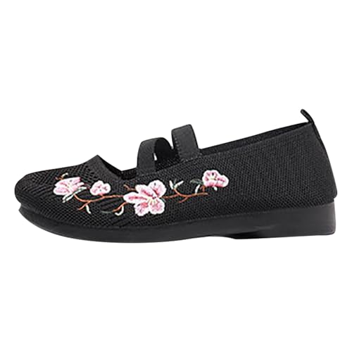 Frauen Mesh Ballett Flache Schuhe gestickte Blumen Druck Ballerina Flache Mund atmungsaktive Loafer rutschfeste weiche Sohle lässige Bequeme runde Zehe Kleid Schuhe für elastische (Black, 36) von Generic