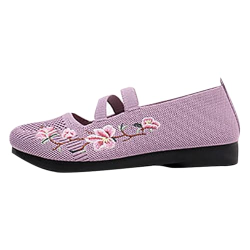 Frauen Mesh Ballett Flache Schuhe gestickte Blumen Druck Ballerina Flache Mund atmungsaktive Loafer rutschfeste weiche Sohle lässige Bequeme runde Zehe Kleid Schuhe für elastische (Purple, 36) von Generic