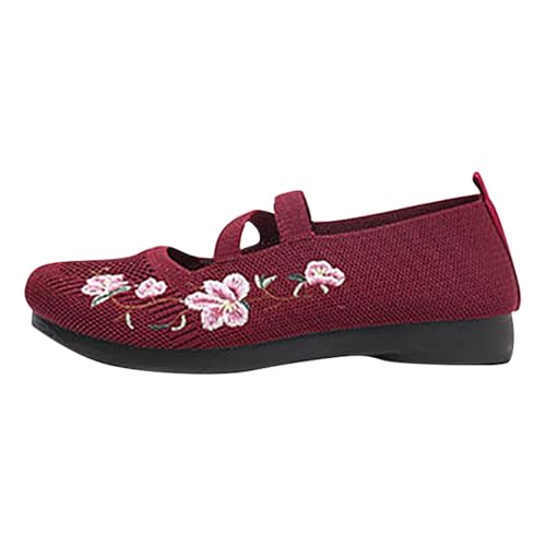 Frauen Mesh Ballett Flache Schuhe gestickte Blumen Druck Ballerina Flache Mund atmungsaktive Loafer rutschfeste weiche Sohle lässige Bequeme runde Zehe Kleid Schuhe für elastische (Red, 39) von Generic