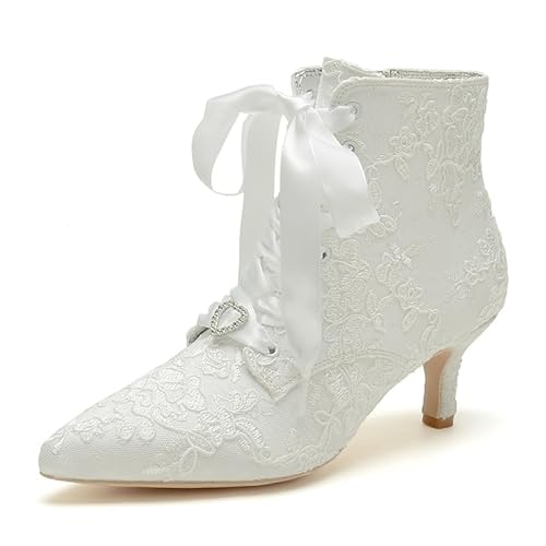 Frauen Mid Kitten Heel Lace Booties Pointed Toe 2.4 '' Hochzeit Stiefeletten Lace Up Braut Kurze Stiefel,Elfenbein,39 EU von JZWBLDS