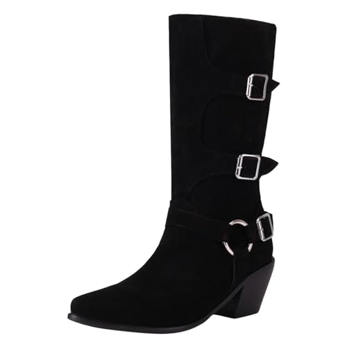 Frauen Mittlere Waden Stiefel Winter Mode Muster Starke Ferse Retro Bequemen Gürtel Dekorative Schuhe (Black, 40) von Generic