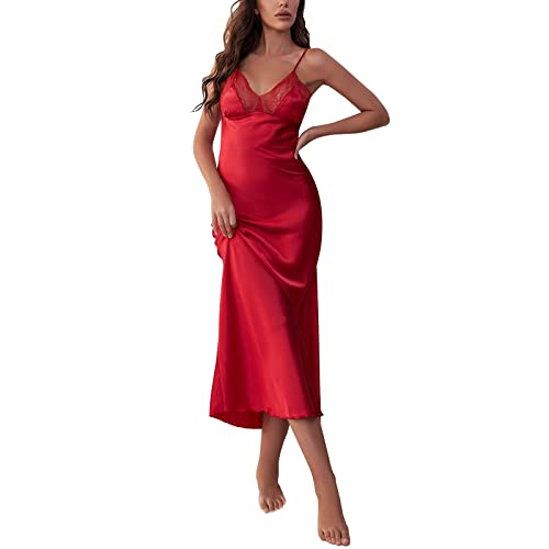 Frauen Nachthemd für Dessous Satin Unterkleid Dessous Sexy Nachthemd Full Slips Schlafkleid Sexy Slips Nachtwäsche 2023 Baumwolle Bequem Sexy Nachtwäsche Lose Pyjama Damen, rot, 38 von Generic