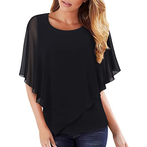 Frauen O-Ausschnitt Solide Westen Lose Chiffon Fledermaus Kurzarm Top Fließende Schal Doppelschicht Tunika Top Bluse Offener Rücken von Generic