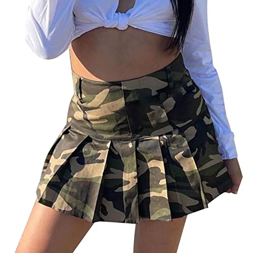 Frauen Plissee Cargo Gothic Punk Rock Sommer Denim Röcke Hohe Taille Goth Punk Mädchen Damen Sommer Casual Slim Plissee Rüschen Denim Röcke Hohe Taille Goth Punk Mädchen (Camouflage, L) von Generic