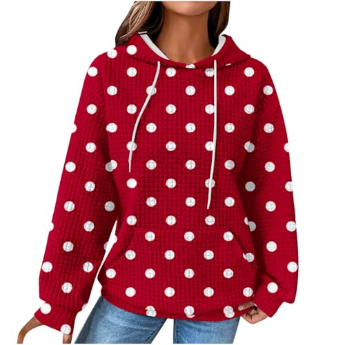 Frauen Polka Dots Waffel Stricken Sweatshirts Lange Ärmel Lässig Kordelzug Hoodies 2024 Trendy Ausgehen Vintage Rot Pullover Tops Mit Fronttasche Herbstkleidung von Generic