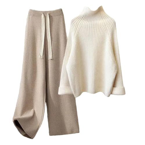 Frauen Pullover Anzug Herbst Winter Rollkragen Strickpullover Und Breite Bein Hosen Sets Elegante Lose Pullover Pullover, 3, 46 von Generic