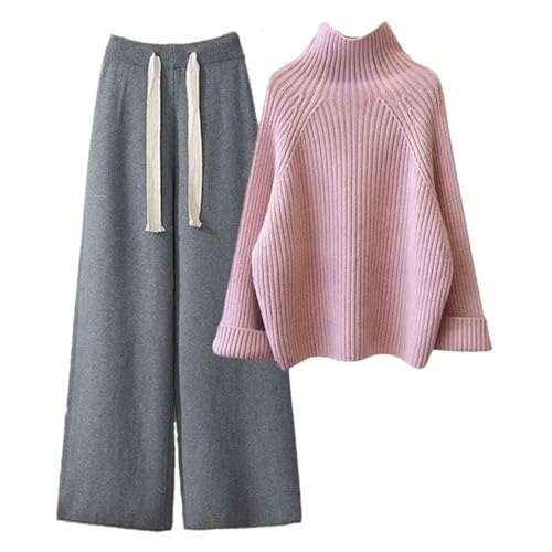 Frauen Pullover Anzug Herbst Winter Rollkragen Strickpullover Und Breite Bein Hosen Sets Elegante Lose Pullover Pullover, 5, 38 von Generic