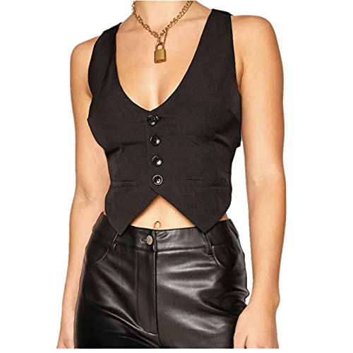 Frauen Retro Weste Top Vielseitig Racerback Knopf Weste Y2k Goth Smoking Anzug Westen V Halsausschnitt Croset (b Black, L) von Generic