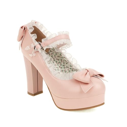 Frauen Runde Zehe Chunky Heel Lolita Schuhe Knöchelriemen Schleife Prinzessin Plattform Pumps Party Schuhe,Rosa,37 EU von Generic