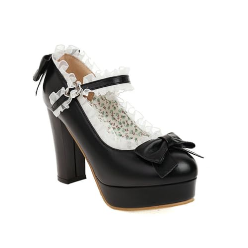 Frauen Runde Zehe Chunky Heel Lolita Schuhe Knöchelriemen Schleife Prinzessin Plattform Pumps Party Schuhe,Schwarz,41 EU von Generic