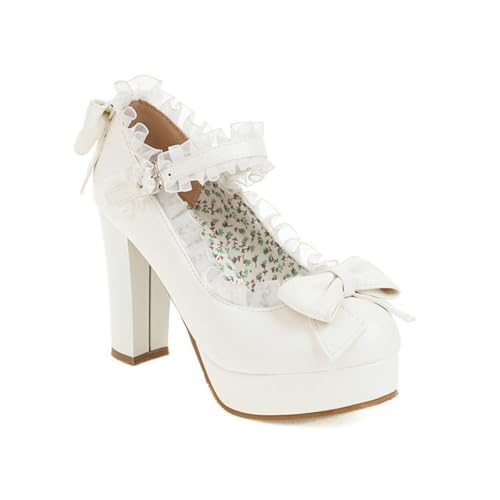 Frauen Runde Zehe Chunky Heel Lolita Schuhe Knöchelriemen Schleife Prinzessin Plattform Pumps Party Schuhe,Weiß,42 EU von Generic