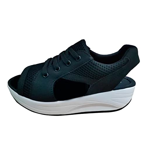 Frauen Sandalen Bequeme Keilabsatz Sport Sandalen Atmungsaktive Mesh Freizeit Sommerschuhe Leichte Komfortable Strandschuhe Weiche Sohle Outdoor Sandaletten (Black, 38) von Generic