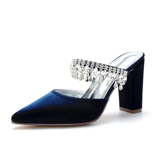 Frauen Satin Pantoletten mit Strass Spitze Zehenpartie Blockabsatz Hochzeit Braut Pumps Glamouröse Abend Party Schuhe,Marine,37 EU Frauen Satin Pantoletten mit Strass Spitze Zehenpartie Blockabsatz Hochzeit Braut Pumps Glamouröse Abend Party Schuhe,Marine,37 EU von Generic