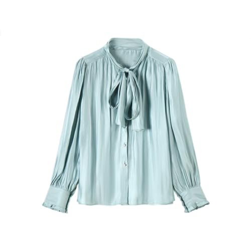 Frauen Seide Bluse Langarm Französisch Romantisch Elegante Fliege Hals Button Down Shirts Casual Büro Arbeit Bluse Tops,Blau,L von Generic