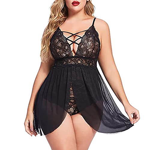 Frauen Sexy Elastisch Plus Size Sexy Dehnbar mit Gefälschten Zwei Stücke Mesh Nachthemd Unterwäsche Neujahr Dessous Set, Schwarz , 48 von Generic