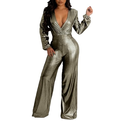 Frauen Sexy Langarm V-Ausschnitt Jumpsuits Slim Fit Nachtclub-Stil Langarm-Overall mit weitem Bein Hosenanzug Damen Hochzeit (Gold, L) von Generic