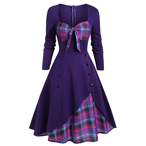 Frauen Sexy Vintage Casual Plaid Print Gothic Kleid Taille Kontrast Spleißen Zweireiher Swing Kleid Kleid Teenager (Purple, S) von Generic
