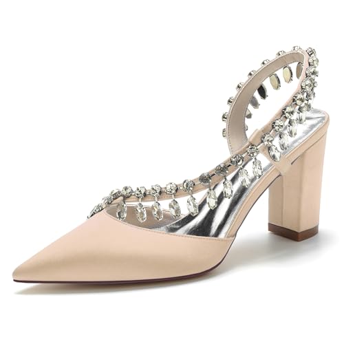 Frauen Slingback Hochzeit Braut Schuh Satin mit Strass Chunky Block Heels Geschlossene Zehe Sandalen Slip auf Prom Abend Party Pumps,Champagne,38 EU von Generic