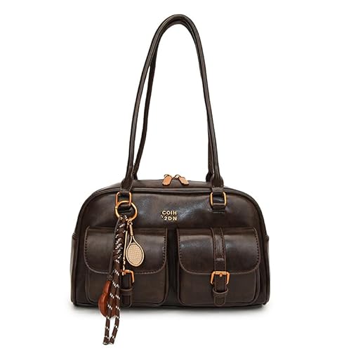 Frauen Solid Color Handtasche mit Anhänger PU Leder Vintage Umhängetasche (Kaffee) von Generic