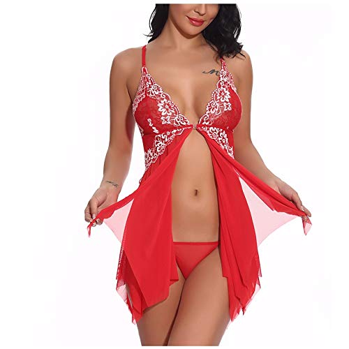 Frauen Spitze Dessous Front Closure Babydoll V Ausschnitt Nachtwäsche Sexy Chemise Nachthemd Unregelmäßige Boudoir Night Nightdress Korsett Dessous für Frauen, rot, 50 von Generic